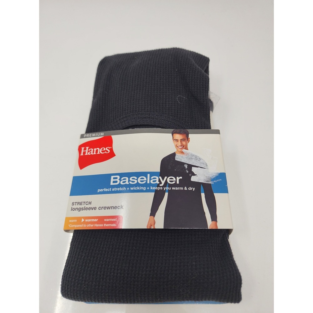 Hanes Mens Baselayer Crewneck Black Cotton Blend Athletic Size Small